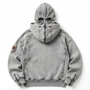 Sudadera con capucha y cremallera YKK, estilo balaclava, con lavado ácido personalizado, vintage, desgastada, de corte holgado, estilo streetwear, oversize, con efecto máscara - Product Image 2