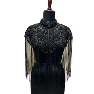 Adult Black Sequined Polyester Cape with Pearl and Fringe Decor Embroidery <b>for</b> <b>Wedding</b> Jacket <b>Wrap</b> - Product Image 1