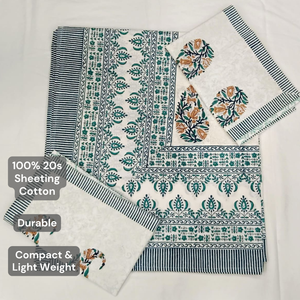 Parure de draps de luxe en coton respirant et durable, imprimée à la main au Jodhpur, motif floral vert et blanc, taille King Size, vente en gros - Product Image 3
