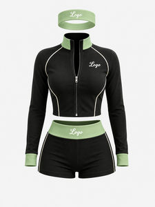 Trending Women's Y2K Custom Logo Three-piece <b>Set</b> : Color-blocked Stand-up Collar Zip-up Jacket Paired with Shorts and a Headband - Product Image 6