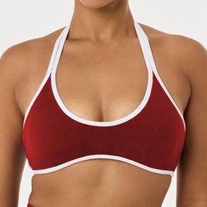 Women 2 Piece Yoga Set Red Solid Halter <b>Bra</b> High Waist Shorts Breathable Spandex Polyester Contrast Binding - Product Image 3