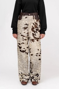 Brown <b>White</b> Cow Print Leather Straight Wide Leg Pants <b>Men</b> Winter Street Style <b>Cargo</b> <b>Trousers</b> - Product Image 4