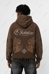 Sweat-shirt à capuche personnalisé marron vieilli avec strass pour homme, style streetwear, logo personnalisé, impression graphique et manches ornées - Product Image 5