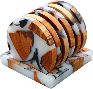 Wooden <b>Coaster</b> <b>Set</b> of 6 with Holder, Modern Epoxy Resin <b>Coasters</b>, Cedar Wood <b>Coasters</b>, White Epoxy Drink <b>Coasters</b> - Product Image 3