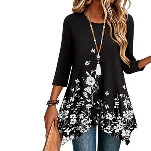 Custom Charcoal Botanical Muted Floral Front Contrast Tunic <b>Shirt</b> Cotton Rayon Women's Plus Size Printed Boho Cut - Product Image 5
