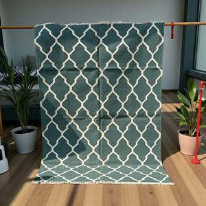 Tapis en laine tissé plat géométrique moderne, motif treillis Ogee, vert sarcelle et blanc, Kilim contemporain réversible, vert chasseur, tapis d'appoint écologique - Product Image 1