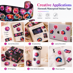 1 Rollo de Cinta Adhesiva Decorativa con Diseño de Fuegos Artificiales, Serie <span class=keywords><strong>Sunny</strong></span> Day, Resistente al Agua, de una Sola Cara, Activación por Agua, 4 PET - Product Image 6