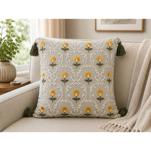 Premium 100% Linen Embroidered <b>Cushion</b> <b>Cover</b> | Floral Decorative Pillow <b>Cover</b> with Tassels - Product Image 1