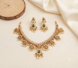 Conjunto nupcial de latón chapado en oro de alta calidad, collar tipo gargantilla, pendientes colgantes, tikka, étnico, con circonitas, Kundan, perlas, último diseño, moderno. - Product Image 2