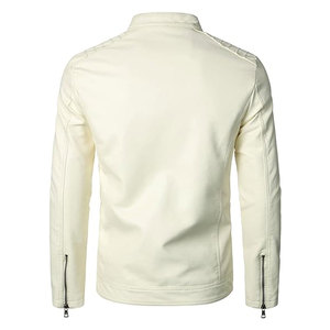 Blouson moto en PU blanc pour homme, col montant, fermeture éclair, coupe ajustée, pour l'automne, manches classiques, couleur unie - Product Image 3