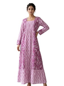 Vestido largo estampado de manga larga con cuello cuadrado y cintura fruncida, vestido informal para uso diario - Product Image 1