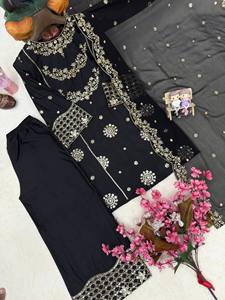 Conjunto de Fiesta Tradicional Indio-Pakistaní para Mujer, Color Negro, Bordado con Hilo Dorado, Largo Midi, Corte Regular, Elástico - Product Image 5