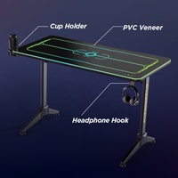BLD02-126 Bureau de jeu avec éclairage RGB ambiant, panneau de commande tactile, 47 pouces, noir, table d'ordinateur PC avec support pour casque et porte-gobelet