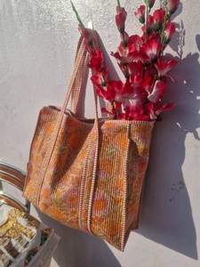 Bolsa de Mano de Algodón Ligera Estilo Vintage Naranja, Bolsa de Hombro Acolchada Hecha a Mano, Bolsa de Compras Reutilizable, Bolsa de Viaje de Gran Capacidad para la Playa - Product Image 3