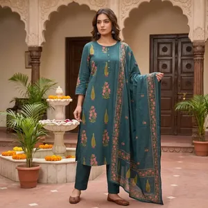 Women Teal Green Discharge Cotton Straight Kurti <b>Pant</b> Dupatta Set Floral Printed <b>Three</b> <b>Quarter</b> Sleeve Ethnic Traditional Wear - Product Image 1