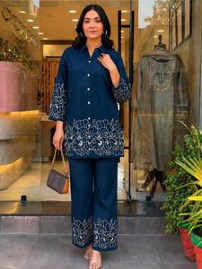 Ensemble en rayonne brodé lourd, tenue ethnique traditionnelle trois pièces, haut et pantalon palazzo indien, séchage rapide, toutes saisons, pour les fêtes - Product Image 1