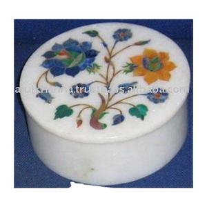 Caja redonda de mármol blanco de alta calidad, hecha a mano, con incrustaciones de diseño floral multicolor, ideal para el hogar y como regalo de boda. - Product Image 4