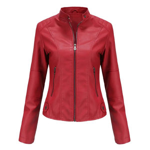 Chaqueta de Motociclista de Cuero Sintético Rojo para Mujer, Manga Larga, Cierre de Cremallera, Cuello Alto, Color Sólido, Estilo Otoñal - Product Image 6