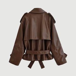<b>Women's</b> Brown Cow Skin Genuine Double Breasted Motorcycle Jacket Stand Collar Epaulet <b>Belted</b> Short <b>Coat</b> Vintage Windproof - Product Image 2