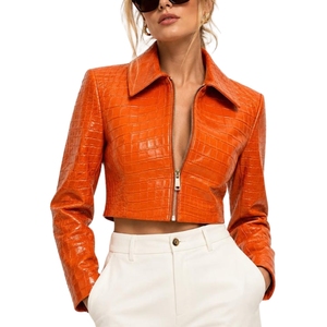 Veste en cuir rouge courte pour femme, faite à la main, effet crocodile, luxe, cadeau pour elle - Product Image 1
