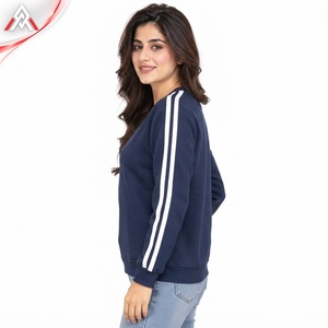 Sudadera de Cuello Redondo Azul Marino para Mujer con Rayas Blancas en las Mangas, Corte Regular, Informal, Tejida, 100% Algodón, Sudadera para Invierno - Product Image 2