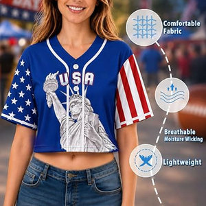 Chemise de baseball courte bleue USA pour femme, col en V, manches courtes, boutonnée, légère, respirante et confortable - Product Image 5
