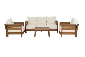 Sillón macizo de madera de eucalipto para exteriores con cojines blancos Juego cómodo resistente a la intemperie Hecho en Vietnam - Product Image 6