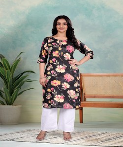 Kurta en coton à imprimé floral pour femmes avec pantalon palazzo blanc, tenue décontractée, style Inde Pakistan, longueur genou, coupe régulière, AARVI 85365 - Product Image 1