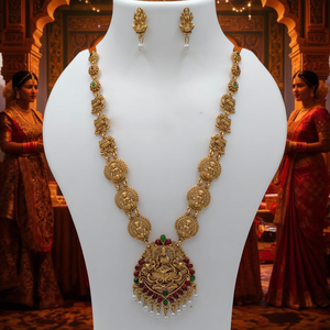 Ethnic Rhodium Plated Zircon Lakshmi <b>Pearl</b> Stone <b>Necklace</b> <b>Set</b> for Bridal - Product Image 3