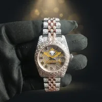 Montre mécanique à cadran rond avec bracelet en cristal, ton or, style bijou de mode