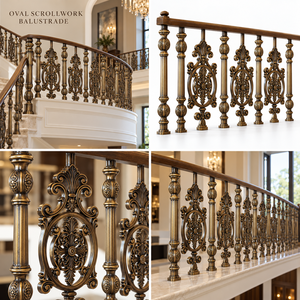 Rampe en bronze élégante à motifs ovales avec balustres à médaillon floral, main courante en métal et balustrade décorative - Product Image 5