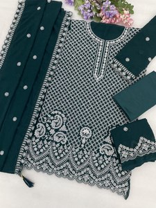 Salwar Kameez Verde Bordado para Mujer con Dupatta, Traje Tradicional Indio Pakistaní, Largo hasta el Suelo, Corte Holgado, Poliéster - Product Image 2