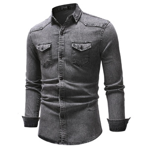 Chemise polo en denim à manches longues pour homme, décontractée, respirante, col montant, design simple - Product Image 5