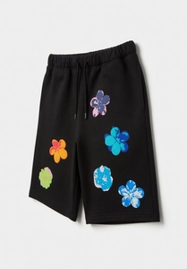 Black Floral Embroidered Breathable Canvas Women's Shorts <b>Skirts</b> <b>Elastic</b> <b>Waist</b> Drawstring Casual Kangaroo Pocket Summer - Product Image 2
