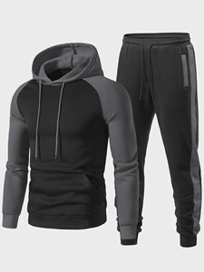 <b>Men</b> Contrast Panel Tracksuit Hooded Sweatshirt and Tapered Jogger Pants Set Casual Fitness Training Activewear Outfit - Product Image 2