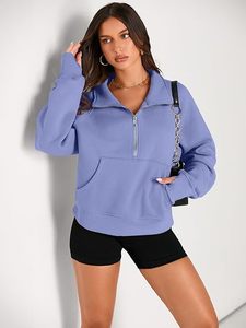 <b>Women's</b> Light <b>Blue</b> Half Zip Pullover Sweatshirt Long Sleeve Stand Collar <b>Hoodie</b> - Product Image 1