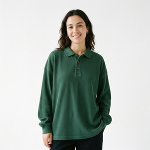 Women Long Sleeve Waffle <b>Polo</b> <b>Shirt</b> Loose Fit Drop Shoulder Button Turn Collar <b>Polo</b> Tee Casual 100%Cotton Baggy Waffle <b>Polo</b> Tee - Product Image 6