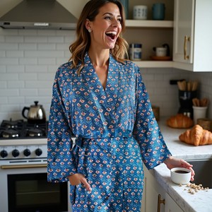 Teal Thì Thầm vượt thời gian hoa thanh thản Aura Womens trong thương mại công bằng cotton thoải mái Kimono áo Teal màu xanh buti in - Product Image 5