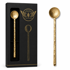 Cuillère de jardin florale tendance en laiton doré à long manche, coffret cadeau, emballage noir de luxe, logo personnalisé, qualité supérieure, compatible lave-vaisselle, pour hôtels - Product Image 1