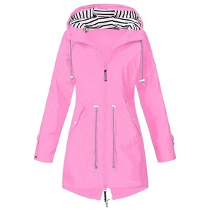 Impermeable para mujer, chaqueta de lluvia con capucha de longitud media, rosa, azul, verde, rojo, negro, azul marino, cortavientos para exteriores, abrigo con cremallera - Product Image 1