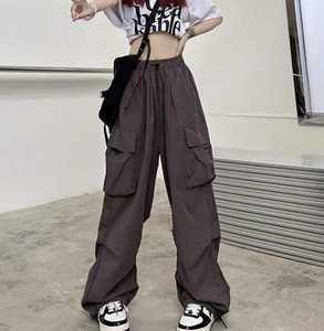 Pantalon cargo pour femme, taille haute, 100% coton, toile, uni, broderie, multi-poches, léger, jambe large, décontracté, automne - Product Image 3