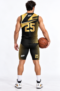 Ensemble Maillot de Basketball Sans Manches et Short de Compression Noir et Or Personnalisé Numéro 25 à Rayures Diagonales – Tenue d'Équipe Sublimée - Product Image 5