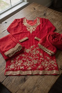 Ensemble Kurti Palazzo Dupatta traditionnel pour femmes en tissu Aarika Textile Premium rouge avec perles, prix de gros - Product Image 5