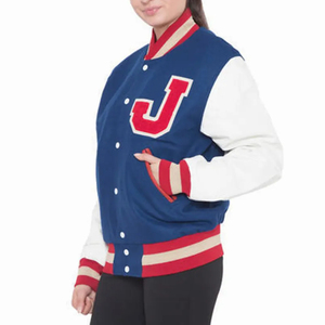 Veste universitaire unisexe bleu blanc rouge avec lettre J brodée, style preppy, col rabattu, manches régulières, vêtement d'automne - Product Image 4