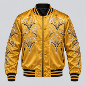 Chaqueta Bomber de Satén con Pedrería de Diseñador, Chaqueta de Moda con Patrón de Estrellas de Cristal Brillante de Lujo para Fiestas Nocturnas y Estilo Moderno - Product Image 1