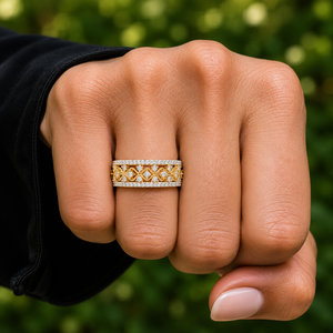 Bague de mariage géométrique large en or jaune 14K 18K avec diamant rond brillant de laboratoire DEF VVS, pavé, pour mariée - Fabricant de bijoux - Product Image 2