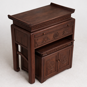 El altar de caoba incluye un pequeño gabinete con sencillos grabados de flores de loto. - Product Image 4