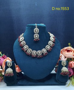 Geometric Square Shape Motif Crystal Beaded Fringe Necklace <b>Set</b> Wth Jhumka & Tika Festive Wear Antique Gold Plated <b>Jewellery</b> <b>Set</b> - Product Image 3