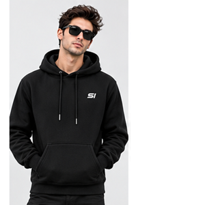 <b>Men's</b> <b>Black</b> Hooded Sweatshirt 100% Cotton <b>Fleece</b> Regular Fit With Front Logo Pocket Casual Style Autumn Wear - Product Image 1