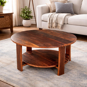 Tables basses rondes en bois massif de style américain vintage de luxe pour salon - Product Image 3